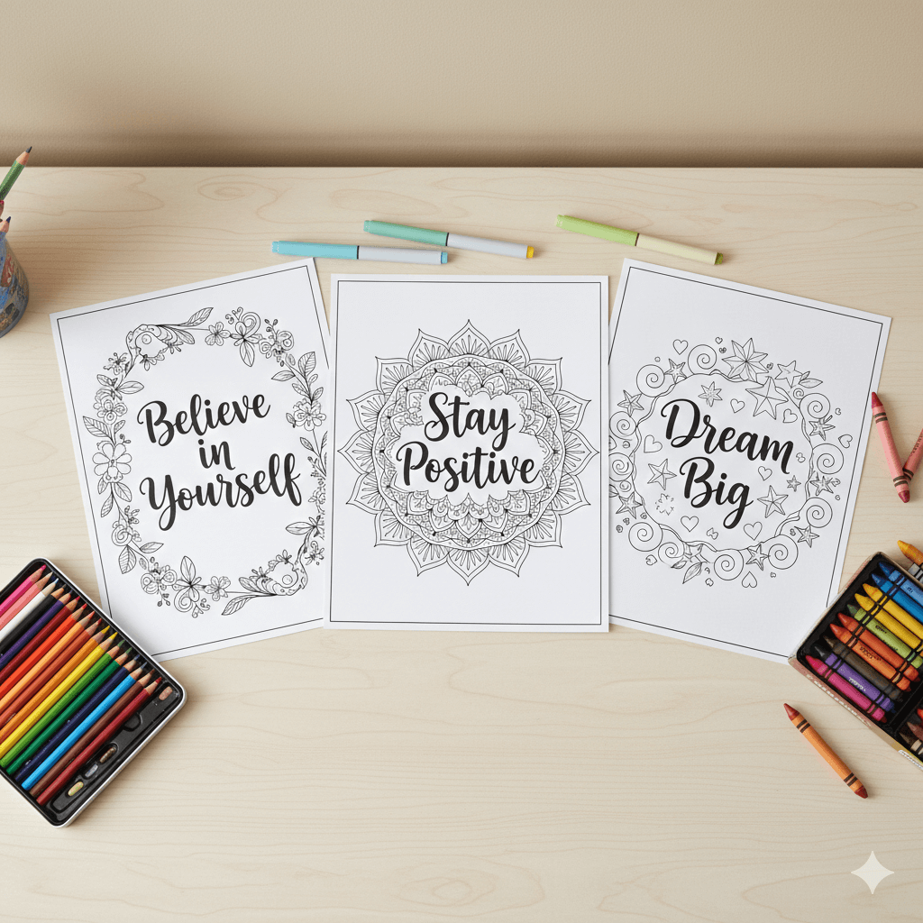 Inspirational coloring pages with positive quotes printable PDF for kids and adults