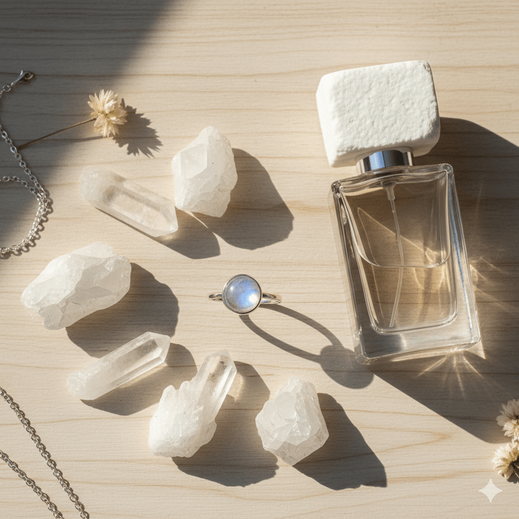Natural white stones, crystals, rings, and perfumes arranged elegantly on white marble