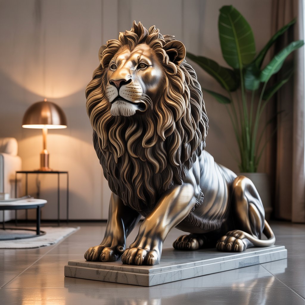 Majestic lion statue for home decor, detailed stone or metal design, displayed in modern interior with elegant lighting and shadows