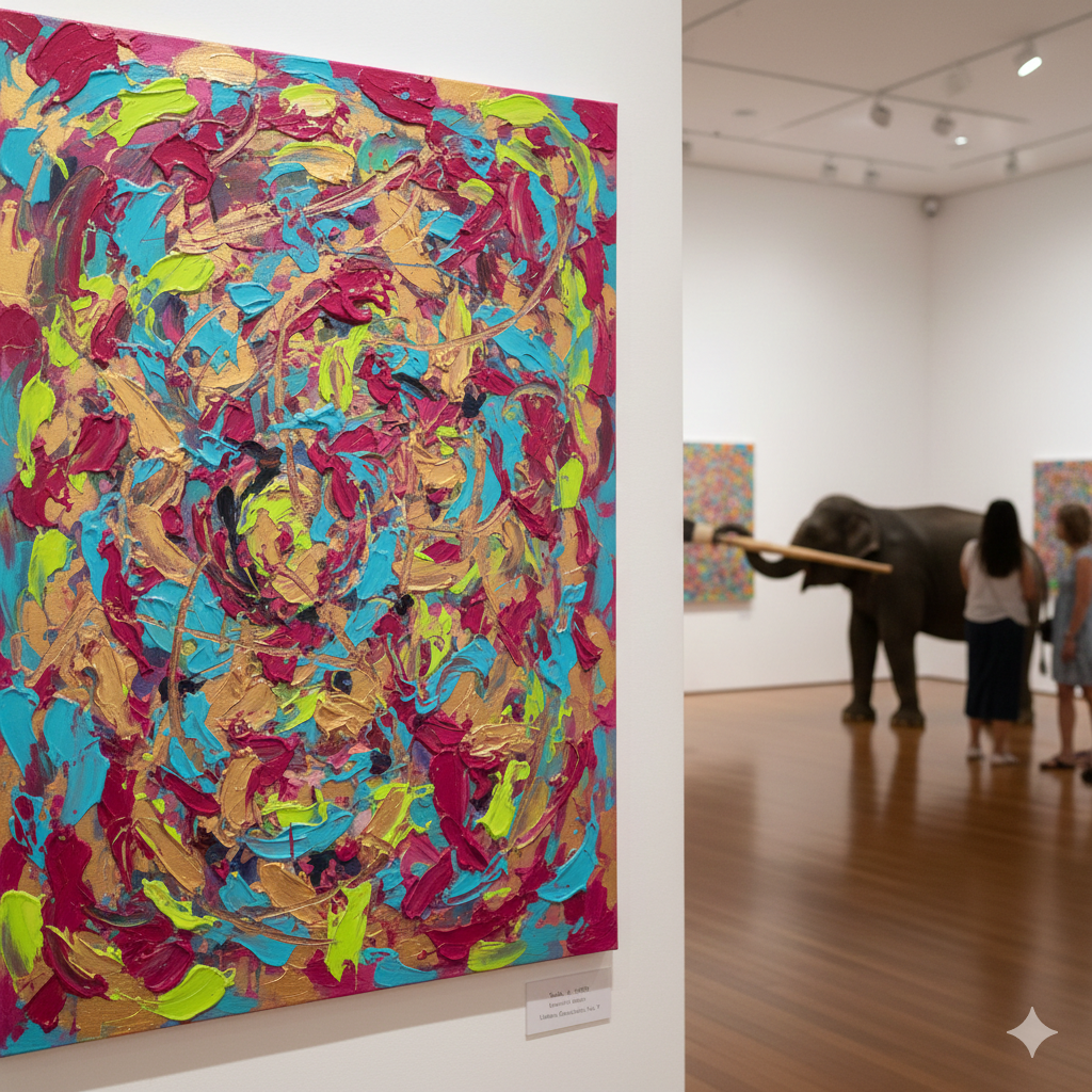 "Painting done by elephant Suda on canvas, showcasing colorful abstract strokes and artistic