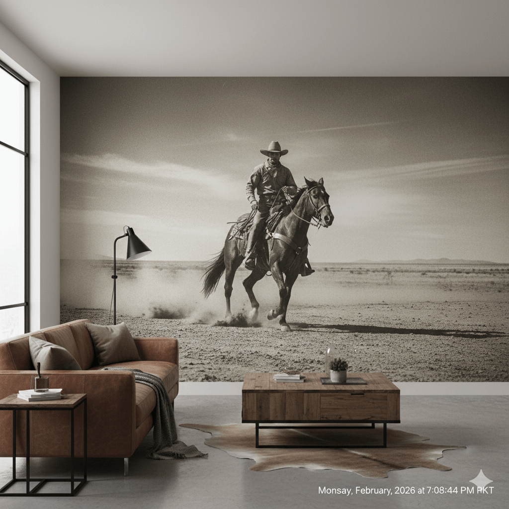 Cowboy wallpaper black and white in living room