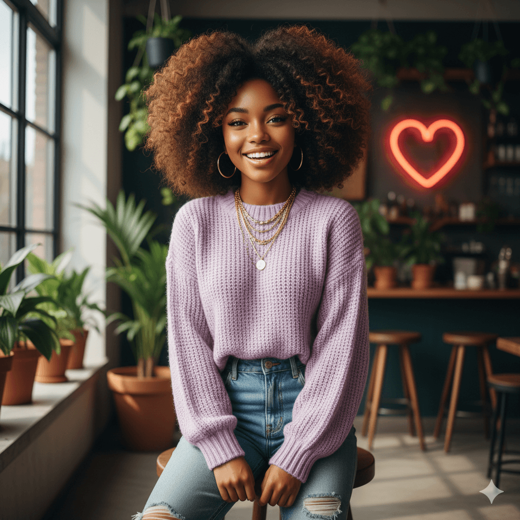 Pretty black girl AI portrait with curly hair, brown skin, trendy outfit, smiling confidently for Instagram and TikTok content