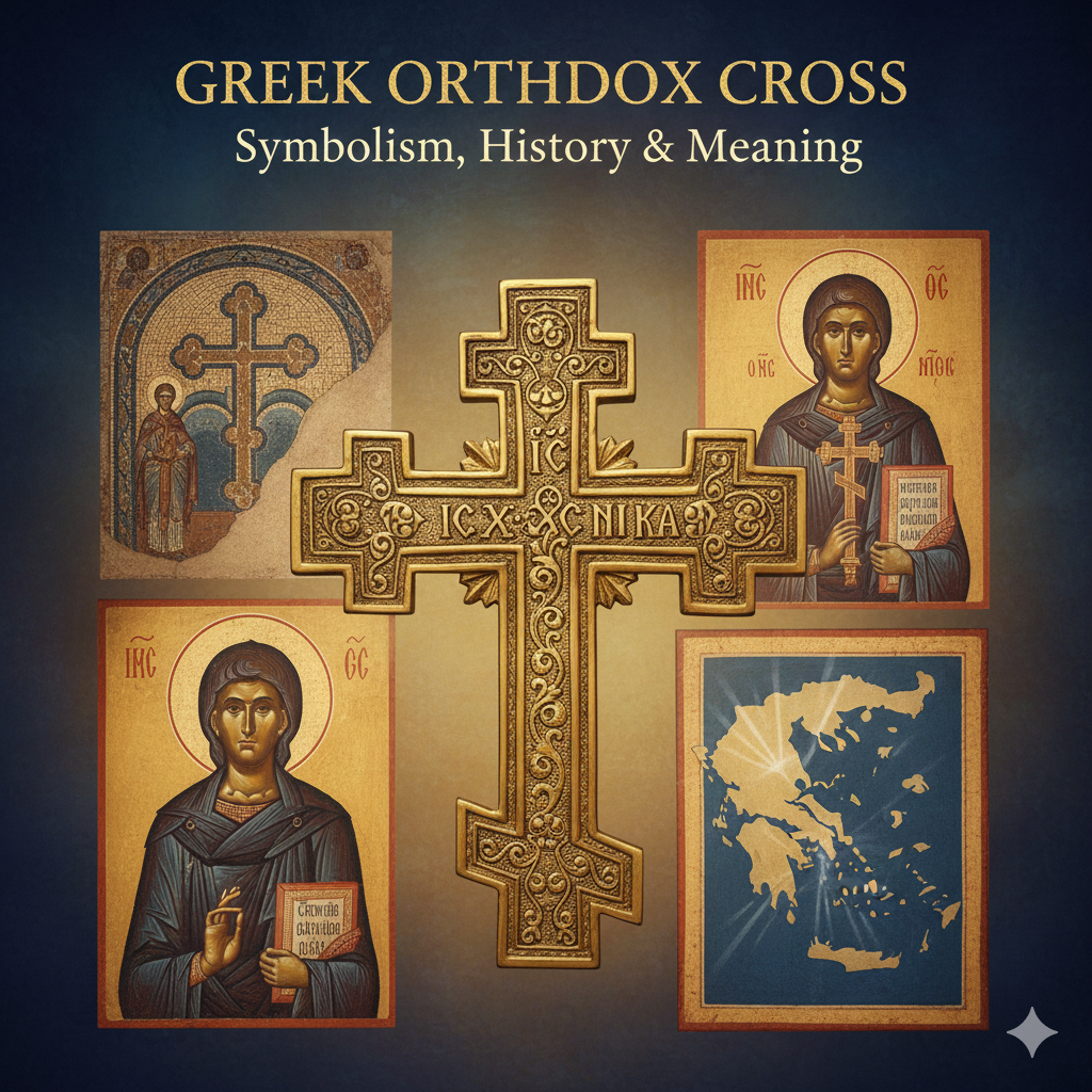 Greek Orthodox Cross symbol representing religious faith, history, and use in art, jewelry, and church architecture