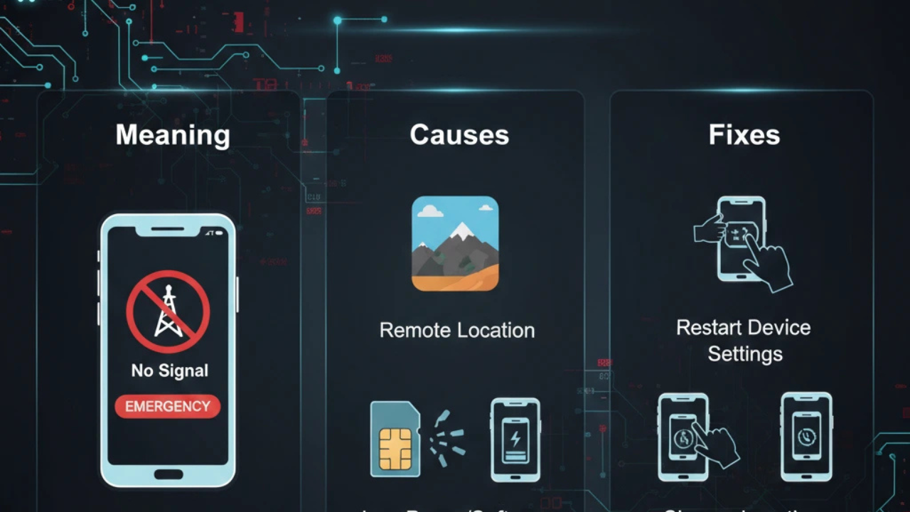 Red phone signal icon on smartphone indicating weak network, connectivity issues, and troubleshooting steps