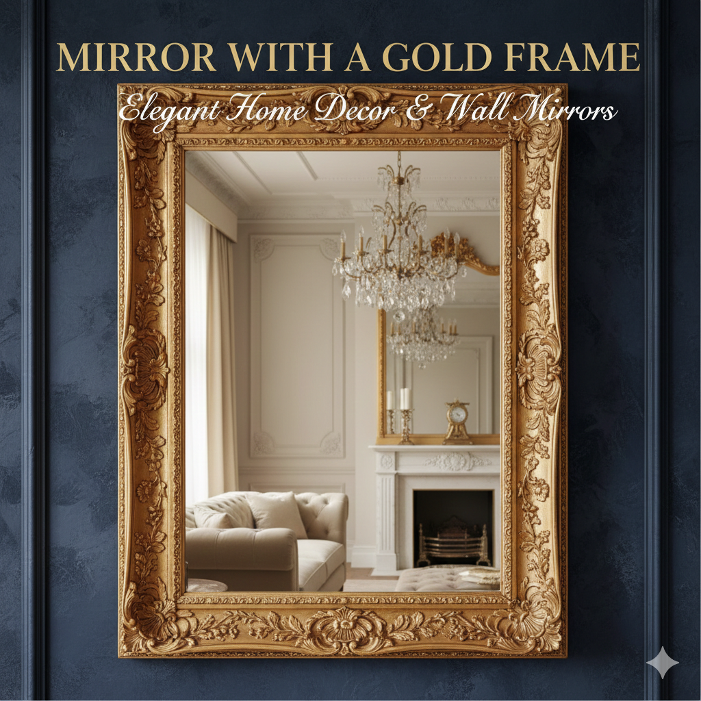 Mirror with a gold frame enhancing elegance and luxury in living rooms, bedrooms, and hallways for stylish home decor