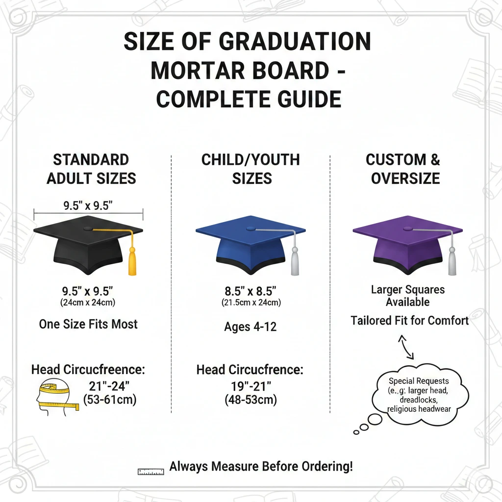 Standard graduation mortar board size 9.4 x 9.4 inches shown on black academic cap with tassel