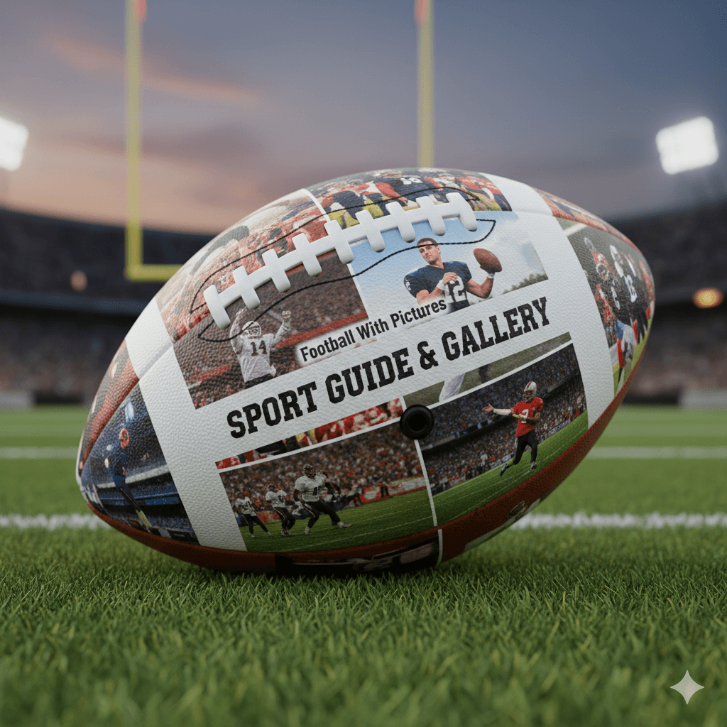 Football with pictures showing player action, skills, and celebrations in stadium