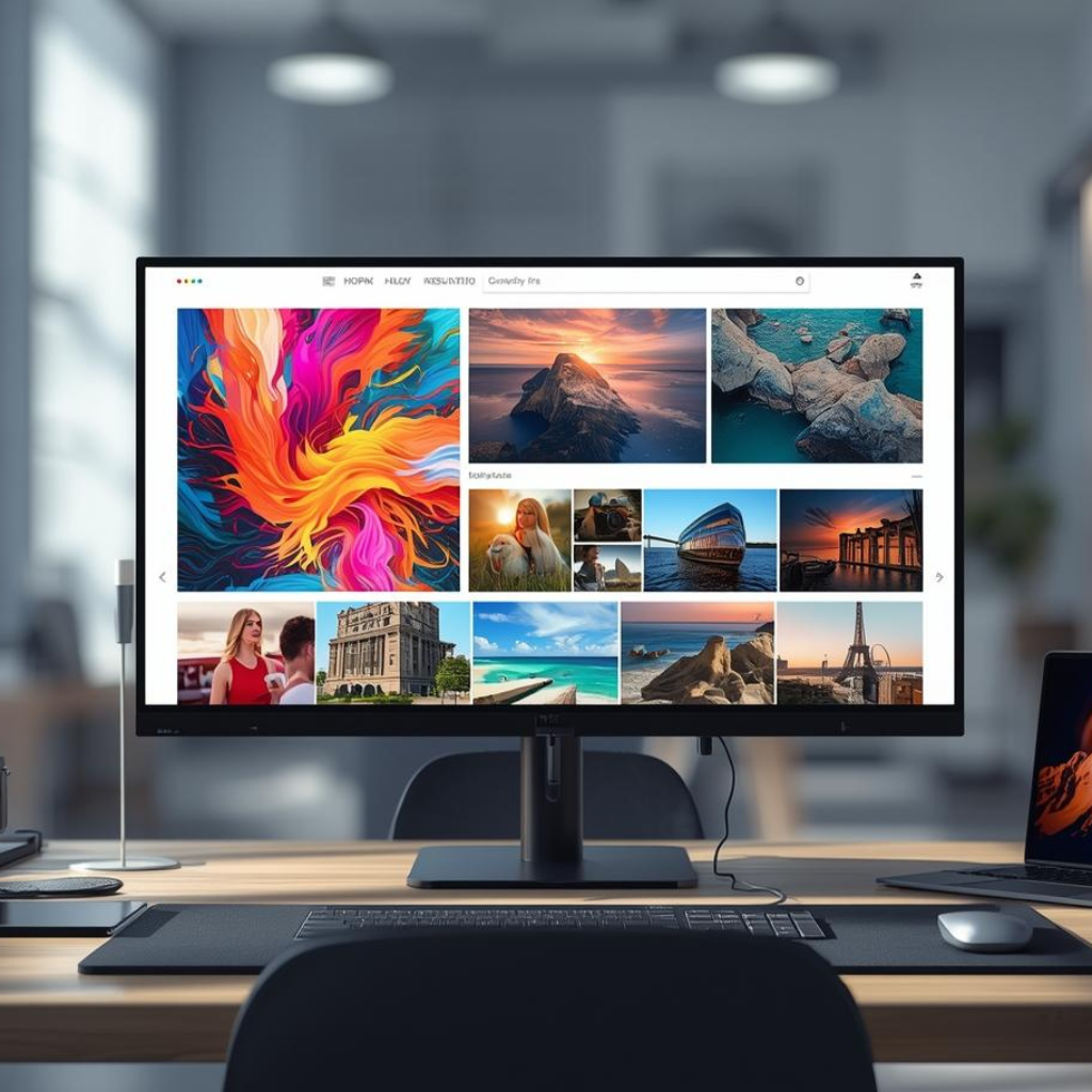 Create a high-resolution, modern digital banner image representing "Sourthrout – HDPiks High-Quality Images". The scene should feature a sleek desktop workspace with a large monitor displaying vibrant, colorful high-quality images in a gallery layout. Include elements like a camera, graphics tablet, and design tools on the desk to symbolize creativity and professional content creation. The screen should show sharp, vivid visuals such as abstract art, nature photography, and lifestyle images. Use bright lighting, clean composition, and a contemporary aesthetic. The overall mood should feel premium, professional, and creative. Ultra HD, 4K resolution, realistic lighting, depth of field, high detail, modern workspace environment, suitable for a website hero section.